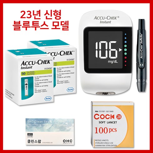 블루투스혈당측정기 - 아큐첵 인스턴트 혈당계+채혈기+시험지100매+호환침100개+솜100매+건강한메디 굿즈, 1세트, Accu-Chek Instant Kit