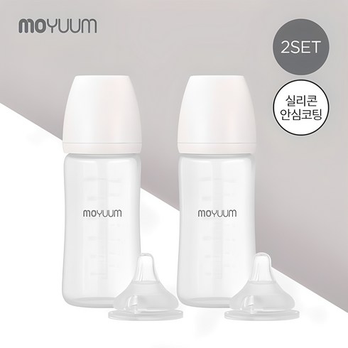 모윰유리젖병240 - [모윰] 안심코팅 노꼭지 유리젖병 240ml 2팩 + 젖꼭지(2p), 젖꼭지 단계:3단계