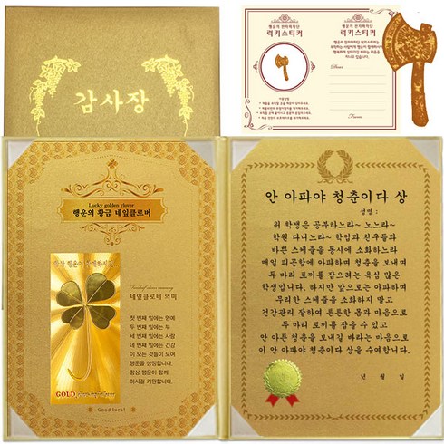 럭키심볼 수능 행운의 황금네잎클로버 감사장 + 24K 골드 황금도끼 전자파 스티커 + 케이스, 1세트, 안 아파야 청춘이다 상