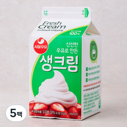 서울우유 생크림, 500ml, 5팩