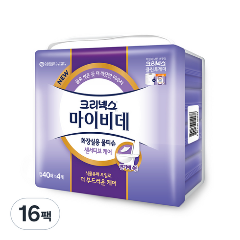 크리넥스 마이비데 센서티브케어 화장실용 물티슈 캡형, 40매, 16팩