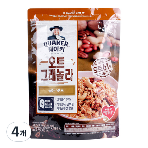 오트밀큐브 - 퀘이커 오트 그래놀라 시리얼 골든넛츠, 350g, 4개