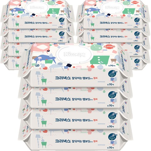 크리넥스 잘닦이는 엠보싱 점보 물티슈 캡형, 70매, 12개