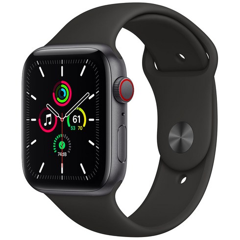Apple 애플워치 SE, 스페이스 그레이 알루미늄 케이스,블랙 스포츠 밴드, 44mm, GPS+Cellular