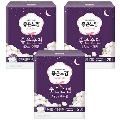 좋은느낌 좋은순면 42cm 수퍼롱 오버나이트 생리대 날개형, 패드형, 20개입, 3개