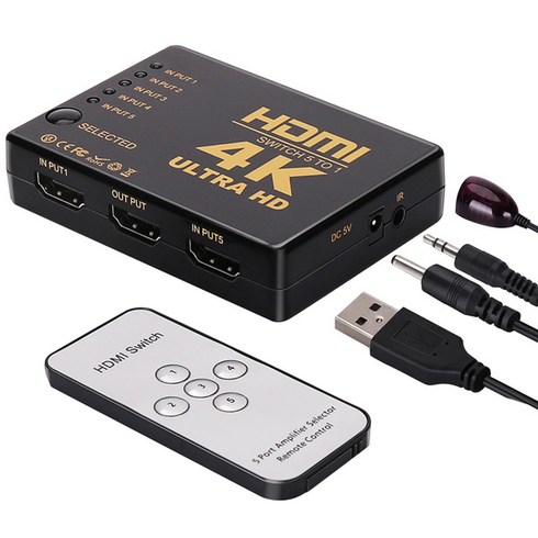 hdmi2.0선택기 - 얼리봇 5포트 HDMI 선택기 + 전용 리모콘 LHD-530, 혼합 색상, 1세트
