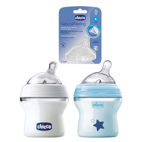 치코 내추럴필링 실리콘젖병 150ml x 2종 + 젖꼭지, 느린(신생아~2개월), 투명, 블루, 1개