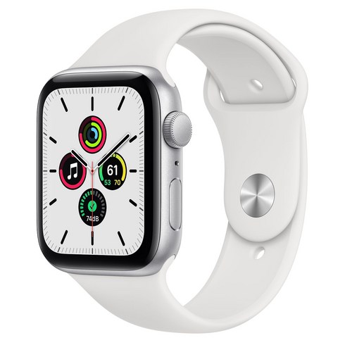 Apple 2020년 애플워치 SE GPS 44mm 레귤러, 44mm, GPS, 실버 알루미늄 케이스, 화이트 스포츠 밴드