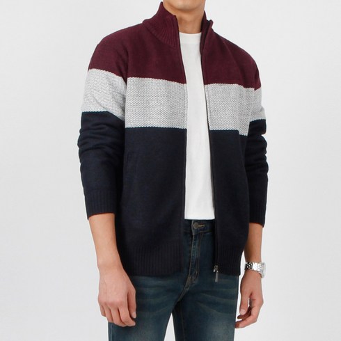 르젠옴므 보카시 3단배색 니트 집업 가디건 LNCA478JK