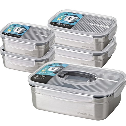 코멕스 ECO CLEAR 보관용기 13종 세트 - 코멕스 블럭형 스텐 보관 밀폐용기 3종 세트, 밀폐용기 480ml x 2p + 820ml x 2p + 2.68L, 5개