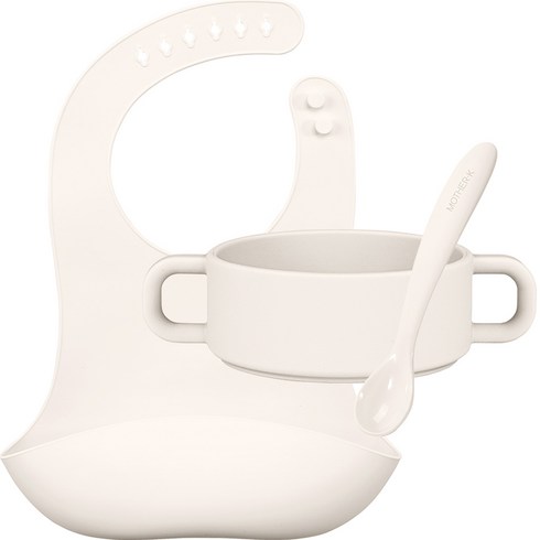 마더케이 유아용 실리콘 이유식기 3종 세트, 아이보리, 양손 이유볼 + 턱받이 + 스푼