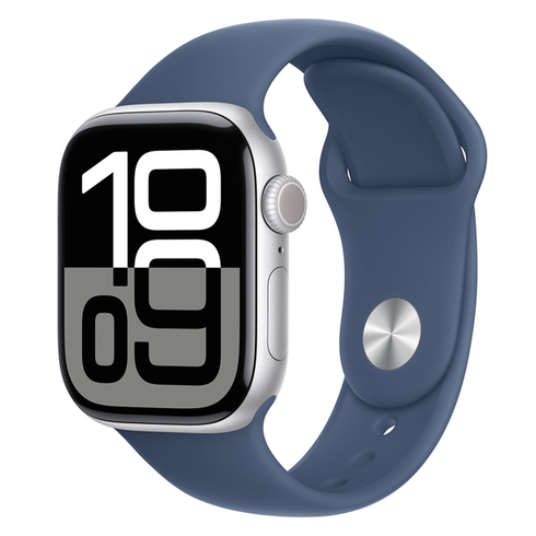 Apple 애플워치 10 GPS, 42mm, 실버 / 데님 스포츠 밴드, S/M