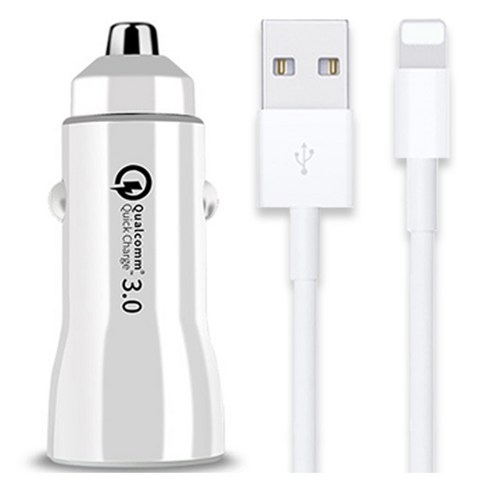 언박싱 차량용 베네치아 퀄컴 3.0 듀얼 2포트 USB 고속 충전기 + 라이트닝 8핀 케이블 1m 세트, 화이트, ITS-CC03