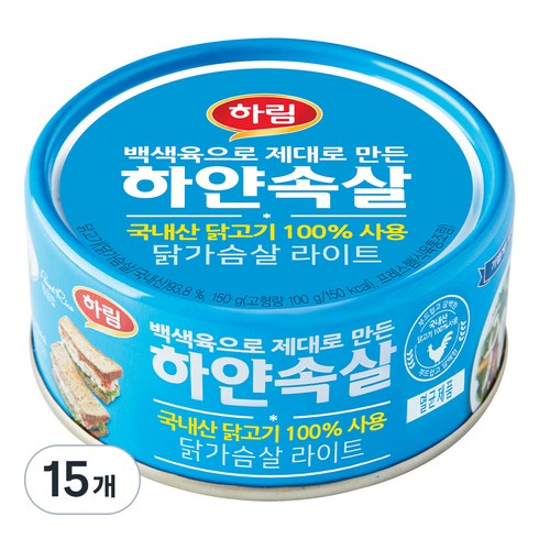 닭가슴살통조림 - 하림 하얀속살 닭가슴살 라이트 통조림, 150g, 15개