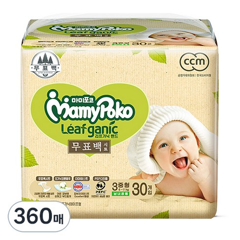 마미포코 리프가닉 무표백 밴드형 기저귀 남여공용, 중형(M), 360매