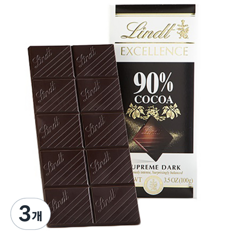 2023년 가성비 최고 다크초콜릿 - 린트 엑설런스 다크 90% 초콜릿, 100g, 3개