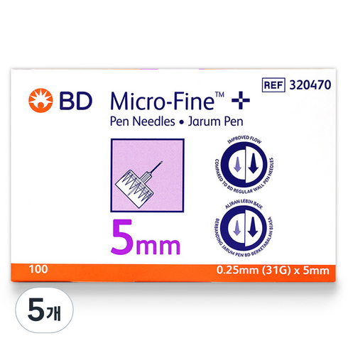 bd인슐린 - 벡톤디킨슨 마이크로 파인 인슐린 펜니들 멸균주사침 0.25 x 5 mm 31G, 5개, 100개입