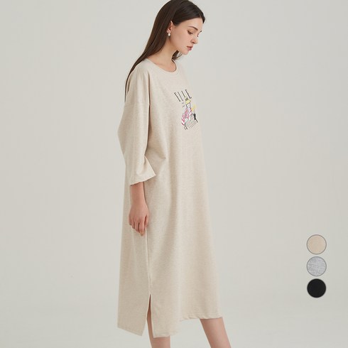 ELLE PARIS 여성 프렌치테리 프린트 롱 원피스