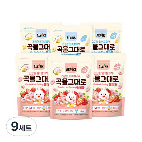 엘빈즈 유아용 건강한 곡물 그대로 현미 쌀과자 STEP2 30g x 2종 세트, 딸기맛, 치즈맛, 9세트