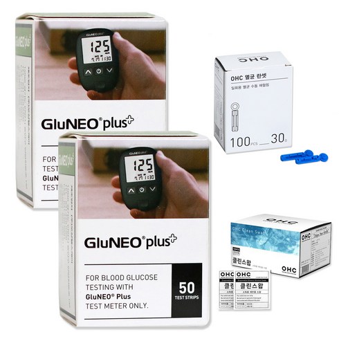 gluneo - 오상헬스케어 글루네오 플러스 혈당시험지 100p + 채혈침 100p + 알콜솜 100p 세트, 1세트