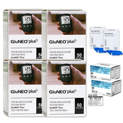 gluneo - 오상헬스케어 글루네오 플러스 혈당시험지 200p + 채혈침 200p + 알콜솜 200p 세트, 1세트