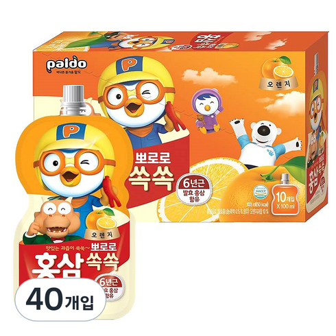 팔도 뽀로로 홍삼쏙쏙 오렌지맛, 100ml, 40개입, 오렌지