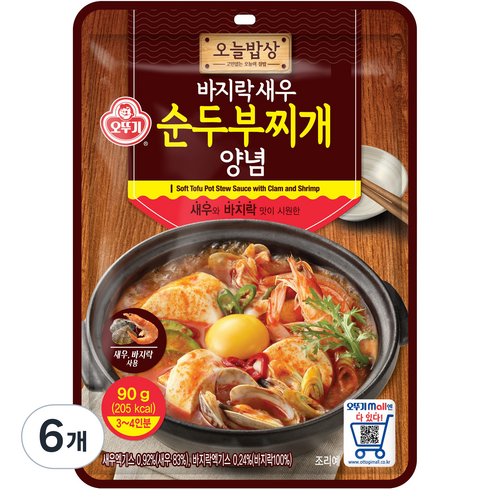 오뚜기 오늘밥상 바지락새우 순두부찌개 양념, 90g, 6개