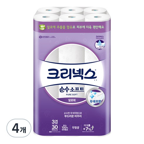 크리넥스 천연펄프 3겹 순수소프트 27m, 30개입, 4개