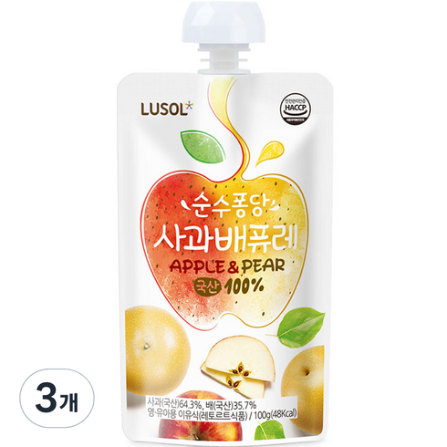 루솔퓨레 - 루솔 순수퐁당 퓨레, 혼합맛(사과/배), 100g, 3개