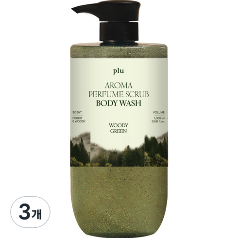 플루 아로마 퍼퓸 스크럽 바디워시 우디그린, 3개, 1000ml