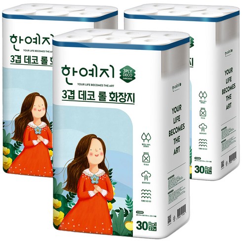 한예지 3겹 데코 천연펄프 롤화장지 27m, 30롤, 3팩