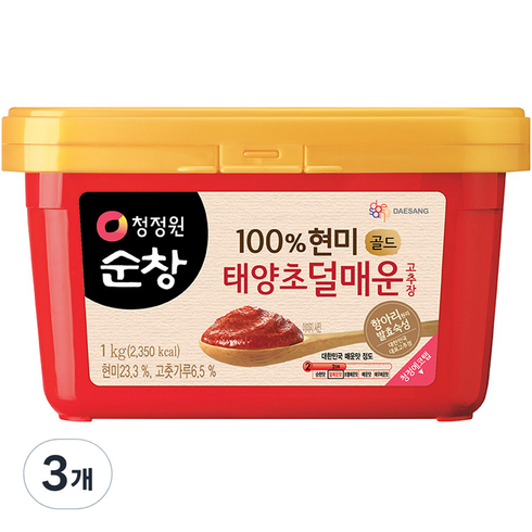 안매운고추장 - 청정원순창 100% 현미 골드 태양초 덜매운 고추장, 1kg, 3개