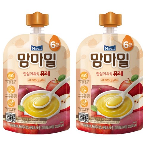 맘마밀 안심 이유식 퓨레 6개월부터, 사과와 고구마, 100g, 2개