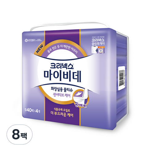 크리넥스 마이비데 센서티브케어 화장실용 물티슈 캡형, 40매, 8팩