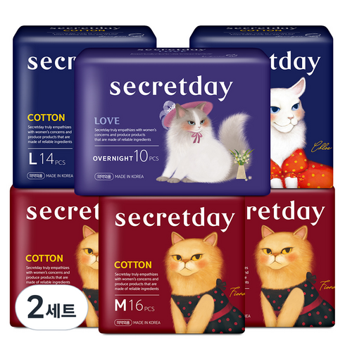 시크릿데이 생리대 코튼 중형 16p x 3팩 + 대형 14p x 2팩 + 러브 오버나이트 10p, 2세트
