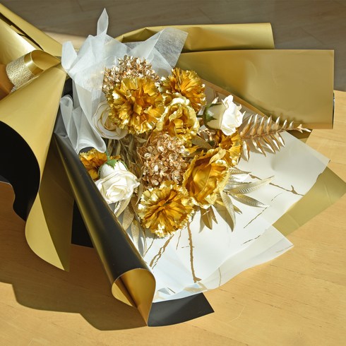 어버이날선물금 - 아스파시아 조화 샴페인 골드 금 카네이션 장미 꽃다발 + 메세지픽 세트, 1세트