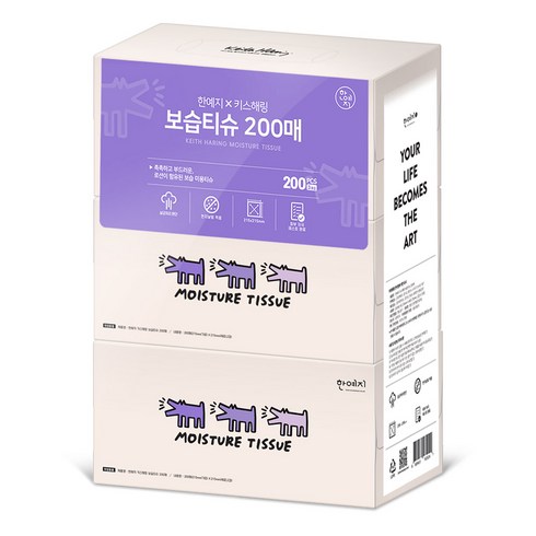 한예지 키스해링 천연펄프 보습 각티슈 2겹, 1팩, 200매입, 3개