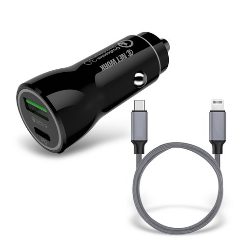 디씨네트워크 퀄컴 3.0 차량용 고속 충전기 USB PD 시거잭 삼성 갤럭시 애플 아이폰 호환 블랙 + PD 페브릭 c to 8 고속충전 케이블 실버 1.2m, 블랙(충전기), 실버(케이블), ITS-PDCC01(충전기)