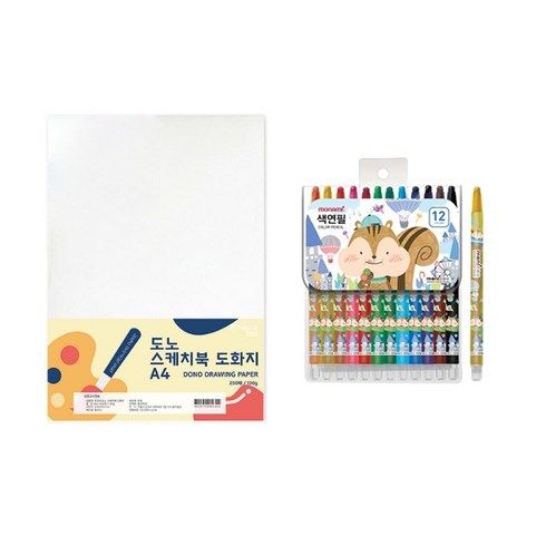 도노 스케치북 도화지 A4 130g 250매 + 모나미 모니주 샤프식 색연필 12색 문구세트, 단일색상(도화지), 남(색연필), 1세트