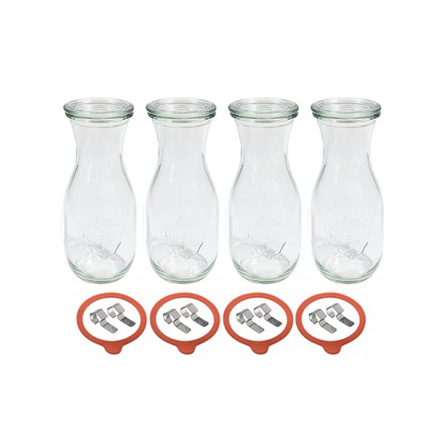 2023년 가성비 최고 웩유리용기 - WECK 쥬스형 유리 저장병 530ml No.764 4p + 뚜껑 4p + 고무링 4p + 클립 8p 세트, 1세트