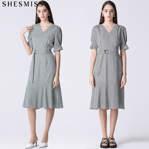 [KT알파쇼핑][쉬즈미스] 프로방스 체크 브이넥 롱 원피스