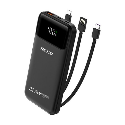 [고속충전] 알씨코 22.5W 미니 보조배터리 10000mAh, [일체형케이블] 블랙