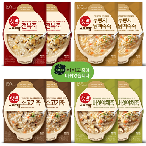 CJ 비비고 죽 용기 A세트 280g x 8개(소고기죽 전복죽 누룽지닭백숙죽 버섯야채죽 각 2개씩), 1세트