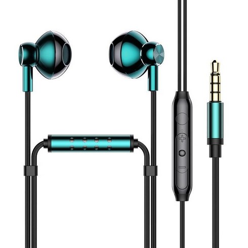 1+1 줄이어폰 턱고정 유선이어폰 3.5mm 마이크 포함 라이브 방송 이어폰 자웃자, 청록색