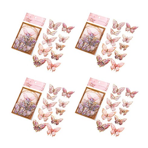 포시픽 반짝반짝 빛나는 스테인글라스 스타일 나비 스티커 4p, 핑크