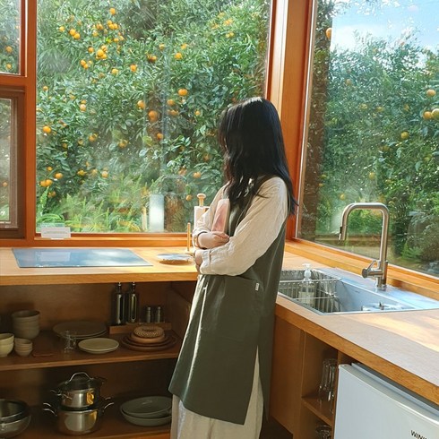 방가지똥 단추없는 카키린넨 앞치마, 카키, 1개