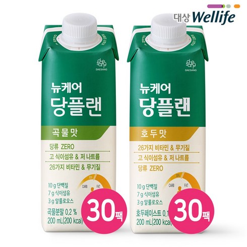 [총 60팩] 대상웰라이프 뉴케어 당플랜 곡물맛 200ml 30팩 + 당플랜 호두맛 200ml 30팩 맛있는 당뇨환자용 영양식, 뉴케어 당플랜 곡물맛 30팩 + 호두맛 30팩, 30개