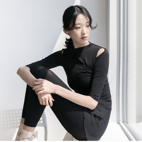 라인댄스복 라틴 여성 사교 댄스복 상의 성인 발레복 한국무용 연습복 포인트 티셔츠, 블랙