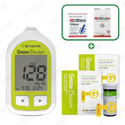 그린닥터 - 녹십자엠에스 그린닥터 혈당측정기+시험지100매+멸균침110개+솜100매(메디캣 스왑) 혈당측정기 세트[메디캣 출고], 1세트