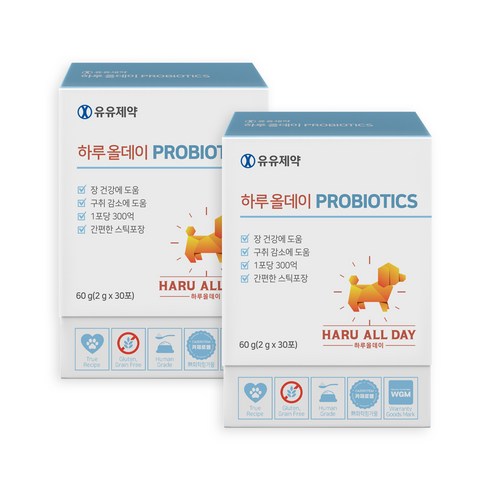 하루올데이강아지유산균probiotics2g - 유유제약 하루올데이 PROBIOTICS 강아지 유산균 영양제 면역력 소화력개선 1포 300억 카제로템 신바이오틱스 2gx30포, 장건강/유산균, 2개